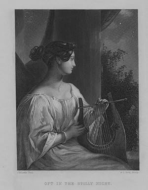 Girl playing harp in the evening,1860s Steel Engraving