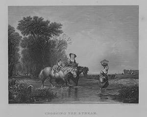 Horses crossing the stream,1860s Steel Engraving