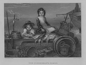 The Fisherman's Family, with fish and lobster at the wharf,1860s Steel Engraving