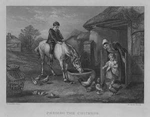 Farmyard scene of young girl feeding the chickens,1860s Steel Engraving