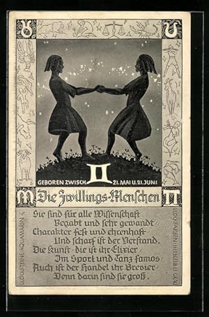 Bild des Verkufers fr Knstler-Ansichtskarte Sternzeichen Zwillinge - Bild von Zwillingen, Gedicht zum Verkauf von Bartko-Reher