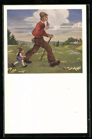 Bild des Verkufers fr Knstler-Ansichtskarte Daumesdick beim Spaziergang ber Land zum Verkauf von Bartko-Reher