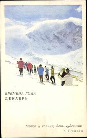 Ansichtskarte / Postkarte Russland, Winterlandschaft mit Skiläufern, Zitat von A. Puschkin