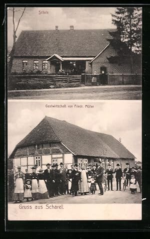 Seller image for Ansichtskarte Saterland-Scharrel, Schule, Gastwirtschaft von Friedr. Mller for sale by Bartko-Reher