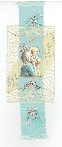 Estampa religiosa de la Virgen y el Niño, 1960. En papel vegetal troquelado con cinta ornamental.
