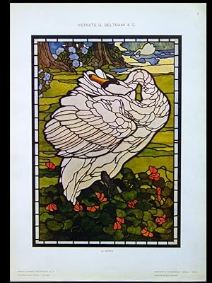 VITRAIL ART NOUVEAU, CYGNE -1910- PHOTOLITHOGRAPHIE, BELTRAMI, BUFFA, STAINED GLASS, SWAN