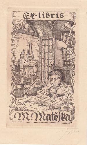 Bild des Verkufers fr Ex-libris M. Matejka. Sitzend Lesender und Fenster mit Blick auf den Veitsdom in Prag. zum Verkauf von Antiquariat  Braun