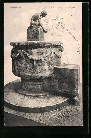 Bild des Verkufers fr Ansichtskarte Karlsruhe, Neuer Brunnen bei der kleinen Kirche zum Verkauf von Bartko-Reher
