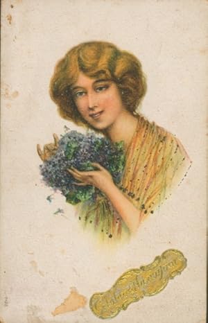 Glitzer Ansichtskarte / Postkarte Glückwunsch Neujahr, Frau mit Blumenstrauß