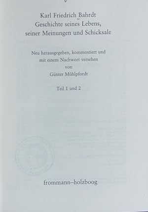 Bild des Verkufers fr Geschichte seines Lebens, seiner Meinungen und Schicksale ; Teil 1 und 2. zum Verkauf von Antiquariat Bookfarm