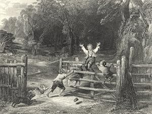 Children playing on an old farm gate,After William Collins,1878 Steel Engraved Antique Print