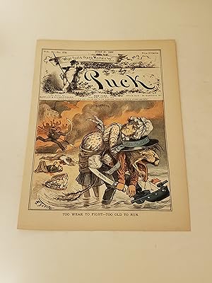 Seller image for 1882 Puck Lithograph of "Too Weak To Fight--Too Old To Run" - British Lion carrying William Gladstone (dressed as a woman) away from British Consulate in flames. for sale by rareviewbooks