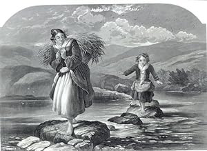 VICTORIAN GIRLS CROSSING THE RIVER ON STEPPING STONES,1860's Steel Engraved Print