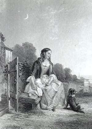 Mother and child waiting for the husband and father,1860's Steel Engraved Print