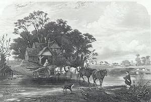 Logging with a team of horses crossing the river,1860's Steel Engraved Print