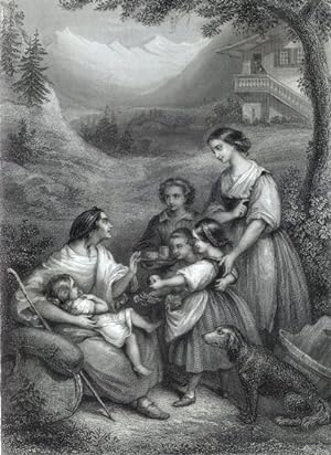 CHILDREN GIVING AID TO POOR FAMILY,1860's Steel Engraved Print