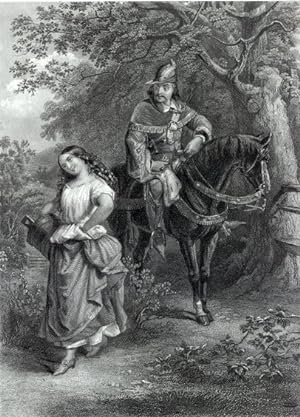 VICTORIAN MAIDEN PLAYING HARD TO GET TO MAN ON HORSEBACK,1860's Steel Engraved Print