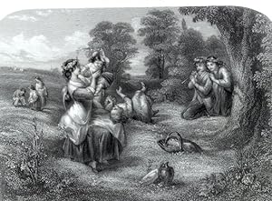 VICTORIAN CHILDREN PLAYING WITH FLOWERS IN AN OPEN FIELD,1860's Steel Engraved Print