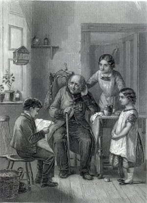 LITTLE BOY READING THE NEWSPAPER TO HIS VICTORIAN FAMILY,1860's Steel Engraved Print