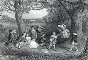 VICTORIAN CHILDREN PLAYING IN THE PARK,1860's Steel Engraved Print