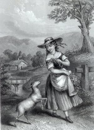 VICTORIAN GIRL FEEDING GOAT,1860's Steel Engraved Print