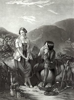 VICTORIAN LOVERS AT THE WELL,1860's Steel Engraved Print
