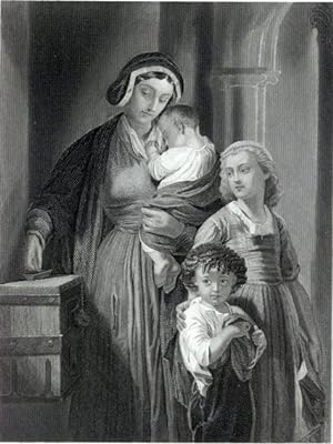 VICTORIAN MOTHER AND CHILDREN GIVING ALMS IN A CHURCH,1860's Steel Engraved Print
