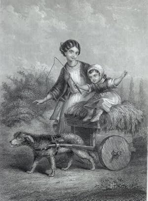 DOG PULLING WAGON WITH LITTLE GIRL AND WHIP,1860's Steel Engraved Print