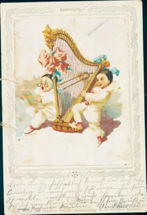 Seiden Ansichtskarte / Postkarte Pierrots mit Harfe