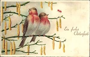 Ansichtskarte / Postkarte Glückwunsch Ostern, Vogel mit rotem Bauch auf dem Zweig, Weidenkätzchen...