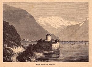 Seller image for Schlo Chillon am Genfersee. Holzstich aus einer illustrierten Zeitschrift (Gartenlaube), Rckseite mit Text. for sale by Antiquariat Heinz Tessin