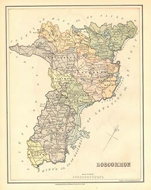 COUNTY ROSCOMMON IN IRELAND,1880 Colored Irish Historical Map