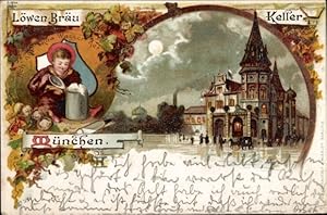 Litho München Bayern, Löwen Bräu Keller, Münchner Kindl, Bierkrug