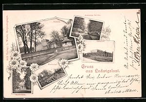 Ansichtskarte Ludwigslust, Bahnhof, Schloss, Steinerne Brücke, Kaskaden