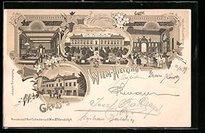 Lithographie Wien-Hietzing, Hotel Hietzinger Hof, Innenansicht der Altdeutschen Weinstube, Wohnhaus