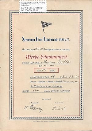 Urkunde vom Werbe-Schwimmfest am 28.8.1949