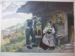 kolorierter Holzstich - Auf der Alm ( Almhütte Flirt Sennerin )