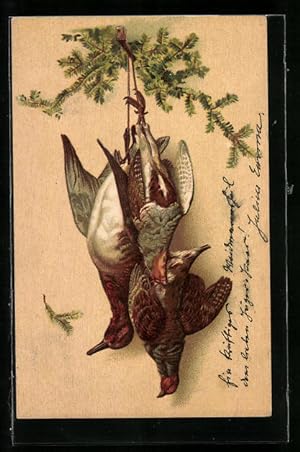 Bild des Verkufers fr Knstler-Ansichtskarte Jagdstillleben Geflgel mit Tannenzweig an einem Nagel zum Verkauf von Bartko-Reher
