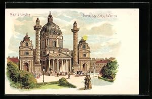 Bild des Verkufers fr Lithographie Wien, Spaziergnger vor der Karlskirche zum Verkauf von Bartko-Reher