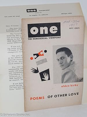 Bild des Verkufers fr ONE Magazine: the homosexual viewpoint; vol. 5, #8, Oct.-Nov., 1957: Alden Kirby; poems of other love zum Verkauf von Bolerium Books Inc.