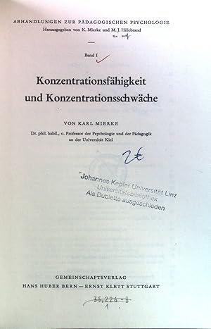 Seller image for Konzentrationsfhigkeit und Konzentrationsschwche. Abhandlungen zur pdagogischen Psychologie, Band I; for sale by books4less (Versandantiquariat Petra Gros GmbH & Co. KG)