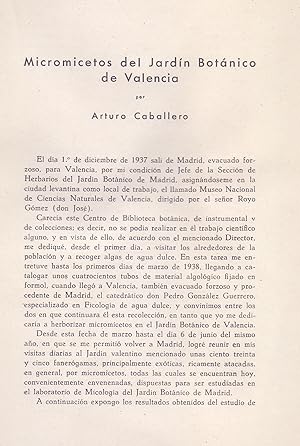Imagen del vendedor de MICROMICETOS DEL JARDIN BOTANICO DE VALENCIA (EXTRAIDO ORIGINAL DEL AO 1942, TEXTO INTEGRO) a la venta por Libreria 7 Soles