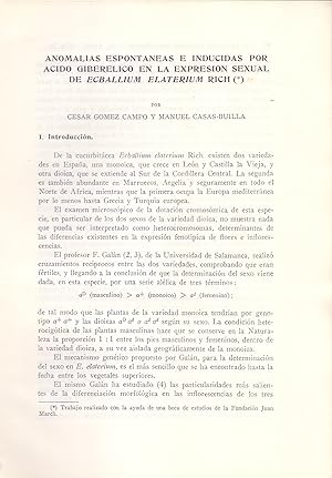 Seller image for ANOMALIAS ESPONTANEAS E INDUCIDAS POR ACIDO GIBERELICO EN LA EXPRESION SEXUAL DE ECBALLIUM ELARERIUM RICH (EXTRAIDO ORIGINAL DEL AO 1967 ESTUDIO COMPLETO TEXTO INTEGRO) for sale by Libreria 7 Soles