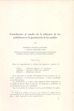 Imagen del vendedor de CONTRIBUCION AL ESTUDIO DE LA INFLUENCIA DE LOS ANTIBIOTICOS EN LA GERMINACION DE LAS SEMILLAS (EXTRAIDO ORIGINAL DEL AO 1947, TEXTO INTEGRO) a la venta por Libreria 7 Soles