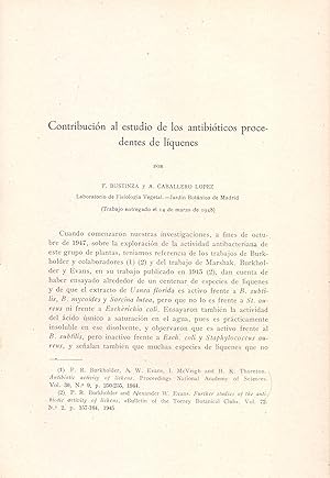 Imagen del vendedor de CONTRIBUCION AL ESTUDIO DE LOS ANTIBIOTICOS PROCEDENTE DE LIQUENES (EXTRAIDO ORIGINAL DEL AO 1947, TEXTO INTEGRO) a la venta por Libreria 7 Soles