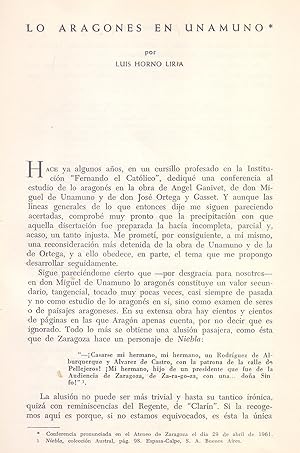 Seller image for LO ARAGONES EN UNAMUNO (EXTRAIDO ORIGINAL DEL AO 1962, ESTUDIO COMPLETO TEXTO INTEGRO) for sale by Libreria 7 Soles