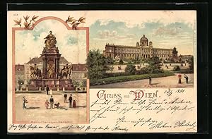 Bild des Verkufers fr Lithographie Wien, Spaziergnger vor dem Maria-Theresien-Denkmal und K.K. Museum zum Verkauf von Bartko-Reher