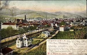 Ansichtskarte / Postkarte Guebwiller Gebweiler Elsass Haut Rhin, Panorama vom Ort, Bahnhof, Bahns...