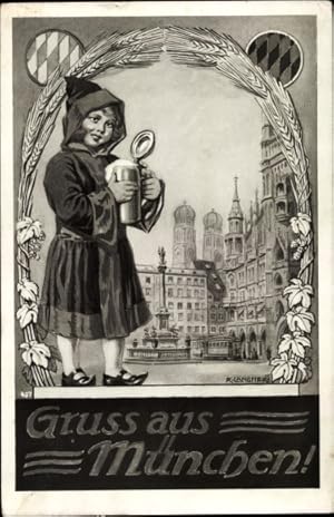 Künstler Ansichtskarte / Postkarte Langner, R., München Bayern, Münchner Kindl mit Bier, Platz, F...