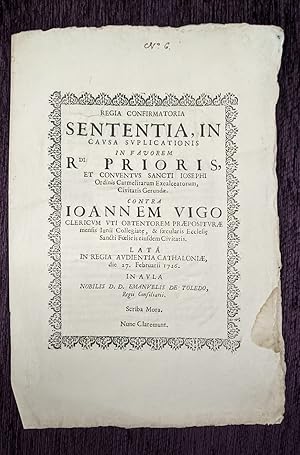 REGIA CONFIRMATORIA SENTENTIA CAUSA SUPLICATIONES RDI PRIORIS, IOANNEM VIGO 1726